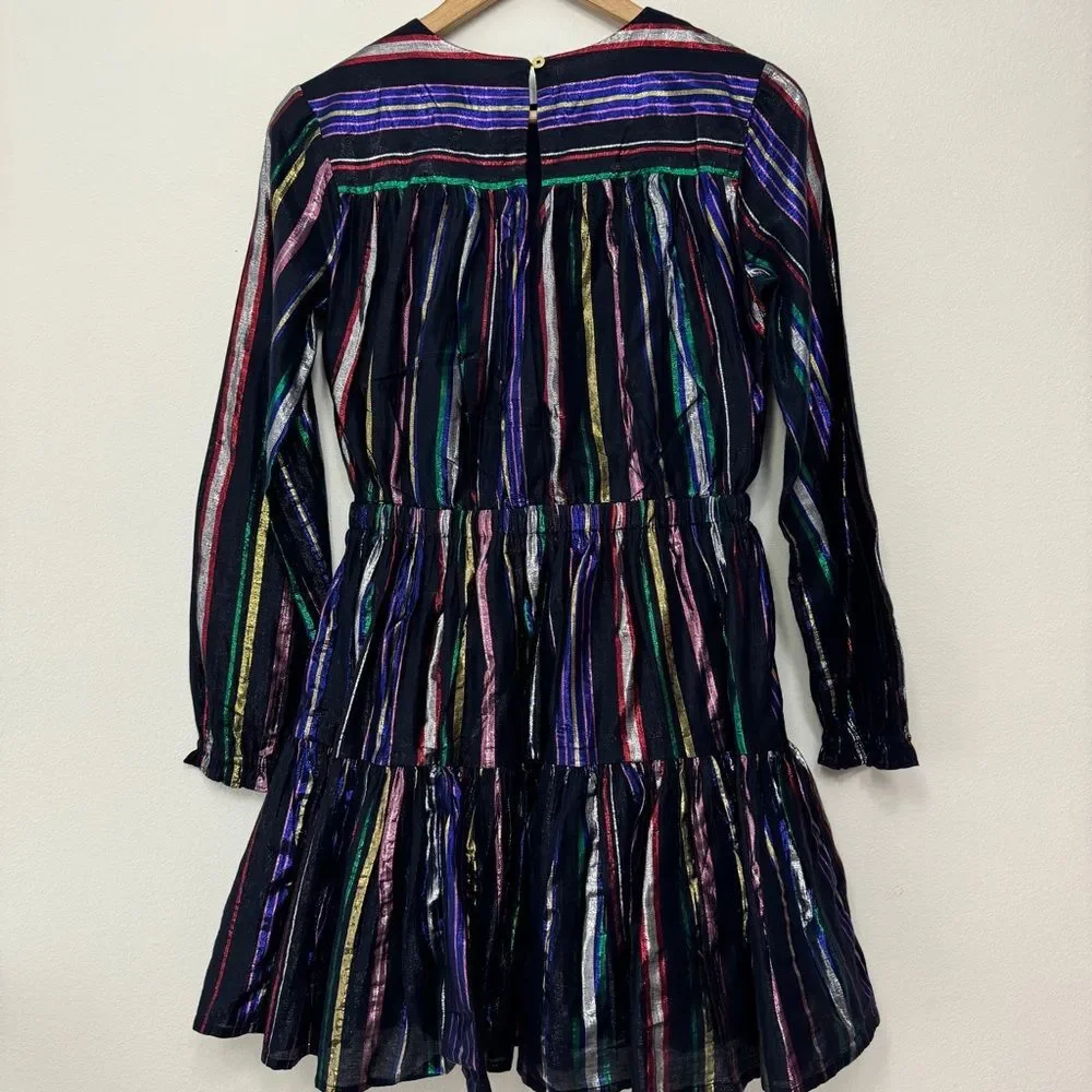 Girls' Puff-sleeve Dress In Metallic Rainbow Stripe Size 14
